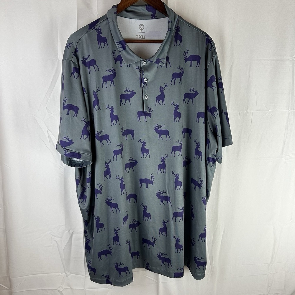 Caddy Cart Mountain Elk Polo Golf Shirt Gray Men's 2XLT Loose‎ Fit